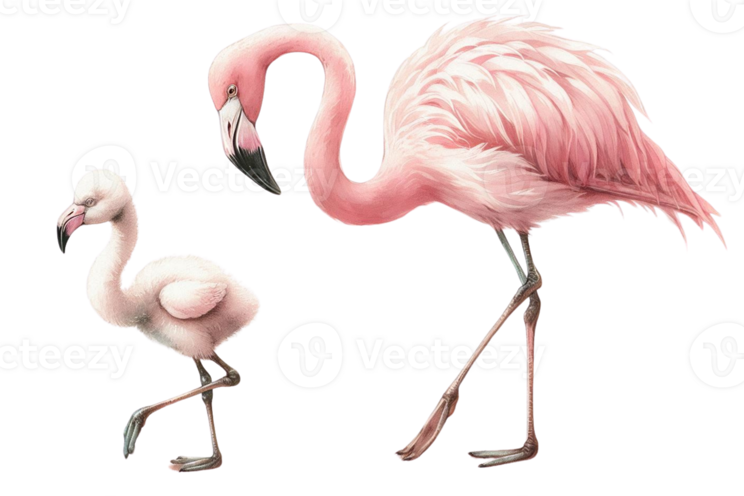 Watercolor illustration of flamingo and baby flamingo on transparent background png