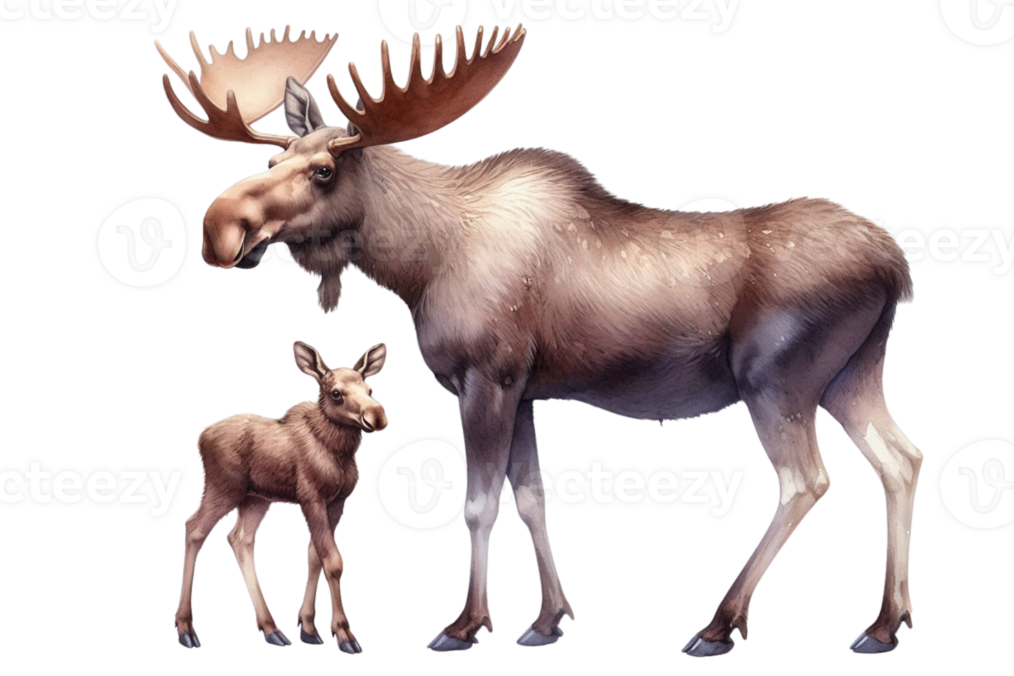 Watercolor illustration of moose and baby moose on transparent background png