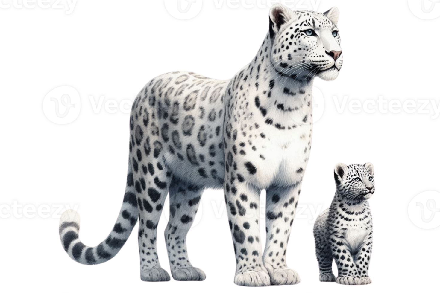 A white leopard and her cub standing next to each other png
