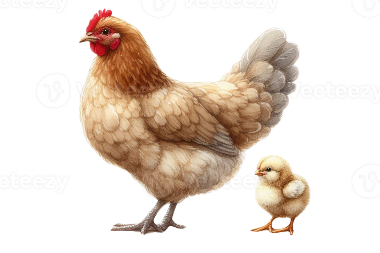 A chicken and a baby chicken are standing next to each other png