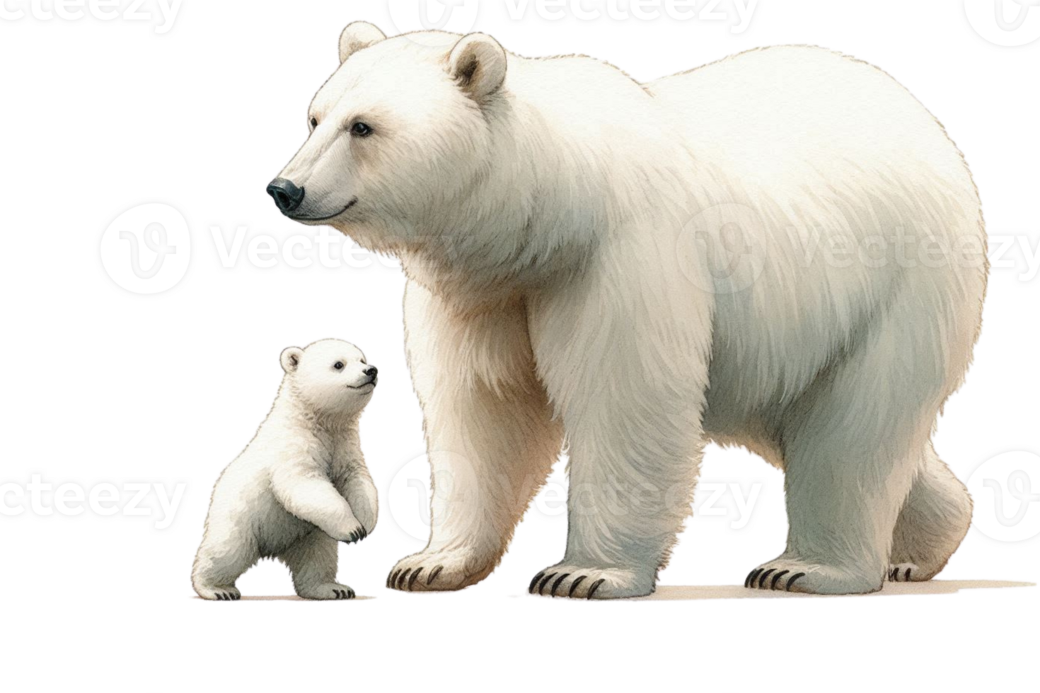 A polar bear and her cub standing next to each other png