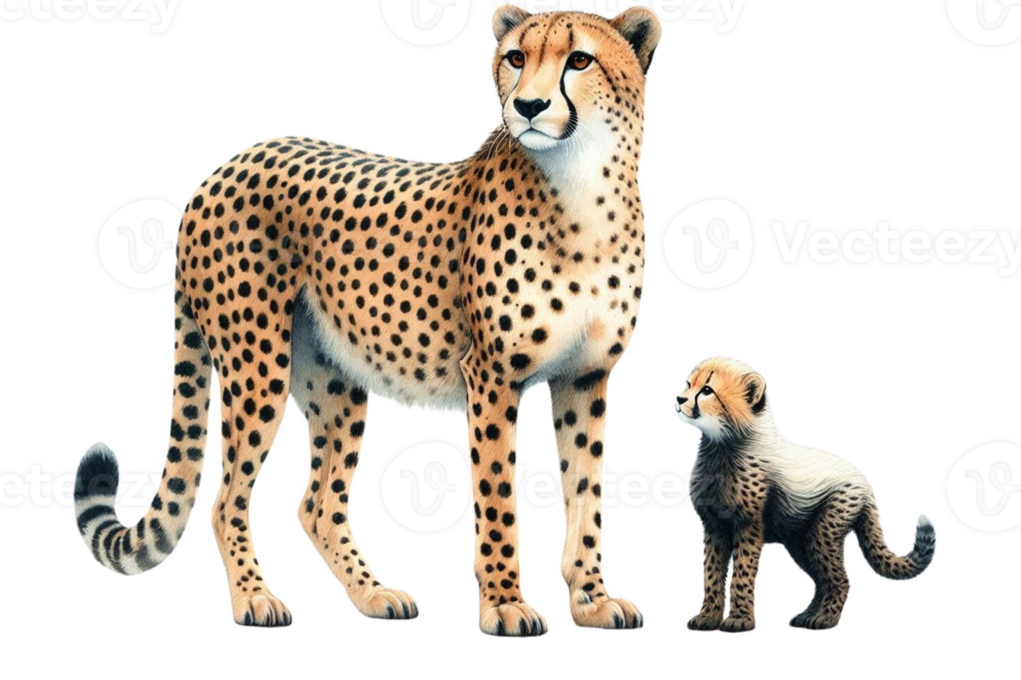 A cheetah and her cub standing next to each other png