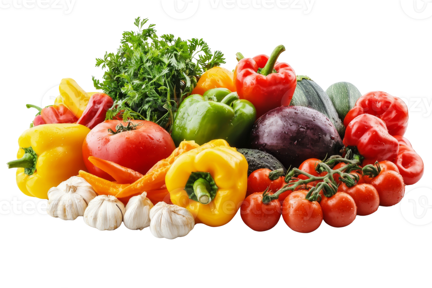 A vibrant assortment of fresh vegetables including peppers tomatoes garlic and zucchini on display png