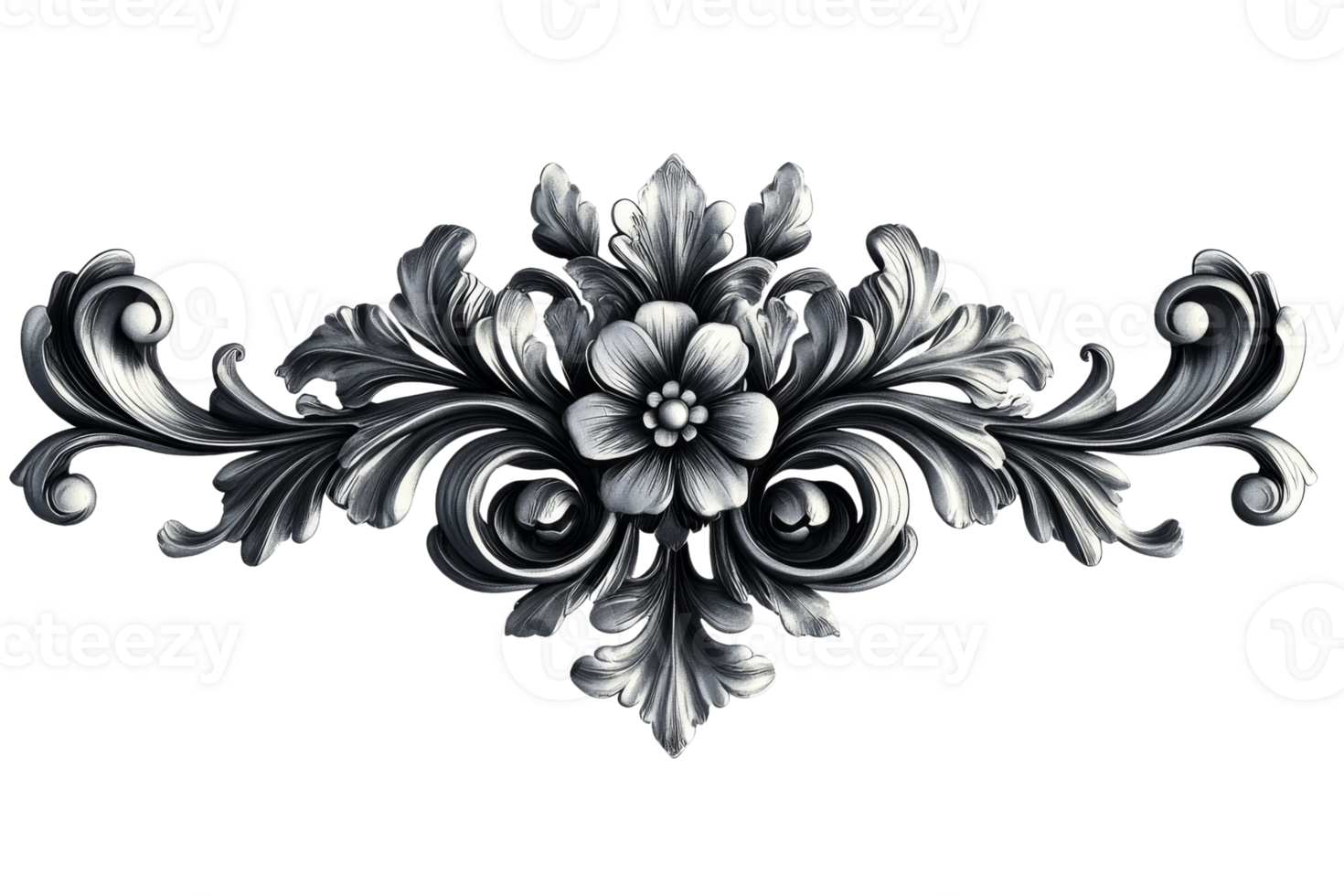 Silver filigree with a flower symmetrically arranged with scrolls and leaves in baroque style png