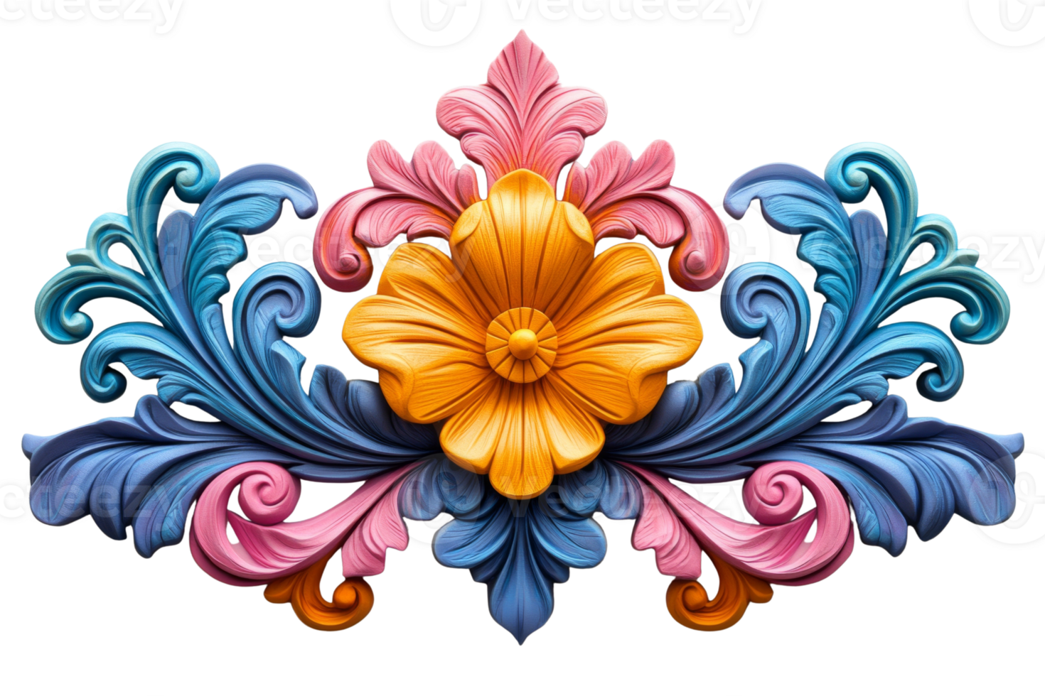Stylized ornamental design featuring a central yellow flower flanked by blue and pink symmetrical leaves png