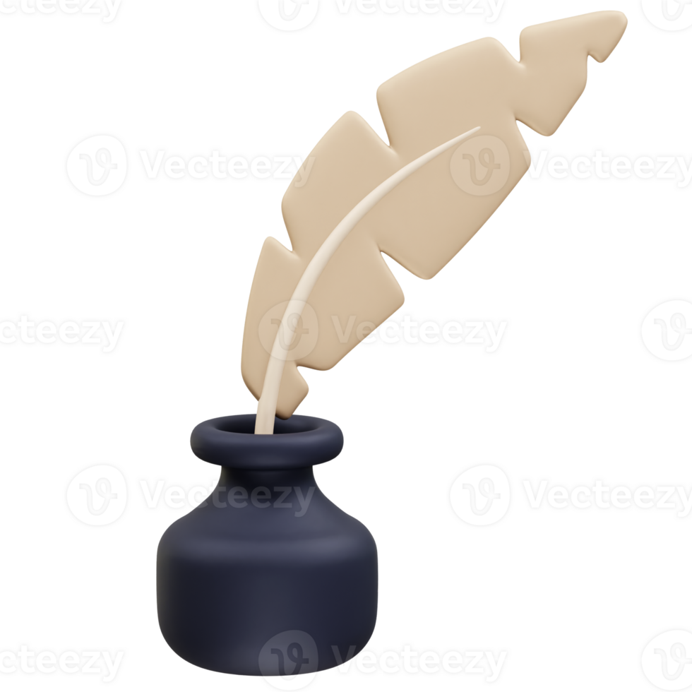 Ink pot with feather for writing icon 3d render illustration png