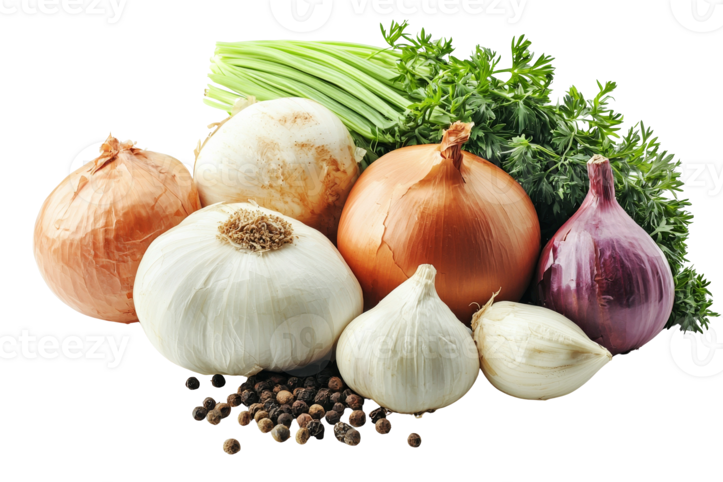 A collection of fresh produce onions garlic peppercorns celery stalks and parsley on display png