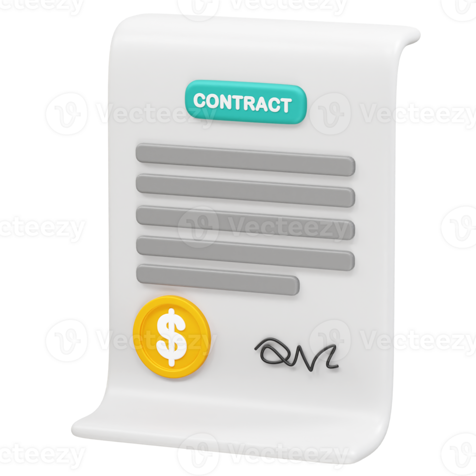 Contract document with a gold coin and signature icon 3d rendering illustration png