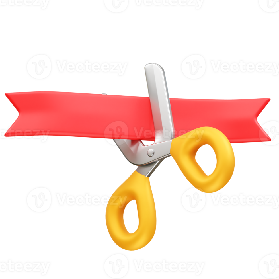 Scissors cutting a red ribbon icon 3d. Ribbon cutting icon 3d render png