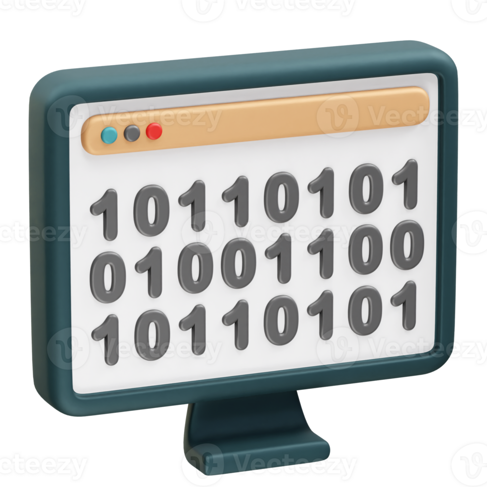 Digital binary code displayed on a computer screen icon 3d illustration png