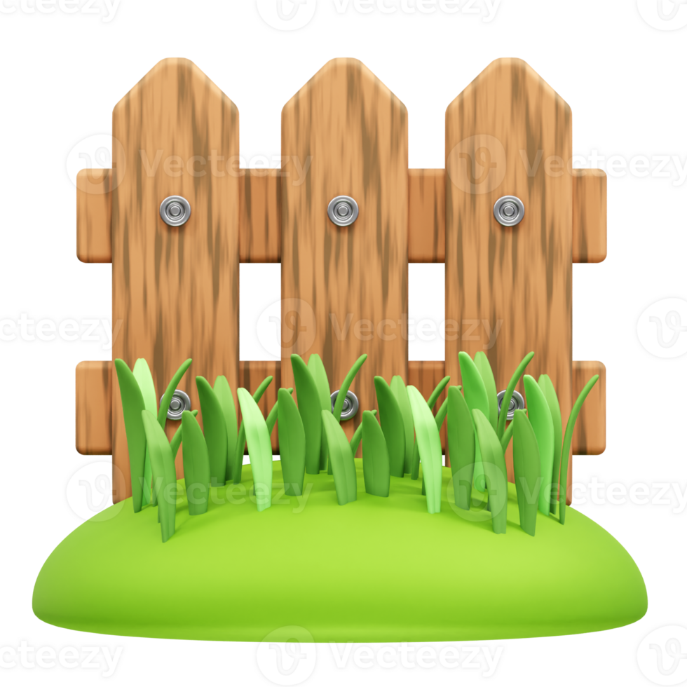 wooden fence in a green lawn with grass icon 3d rendering illustration. Garden fence icon 3d png