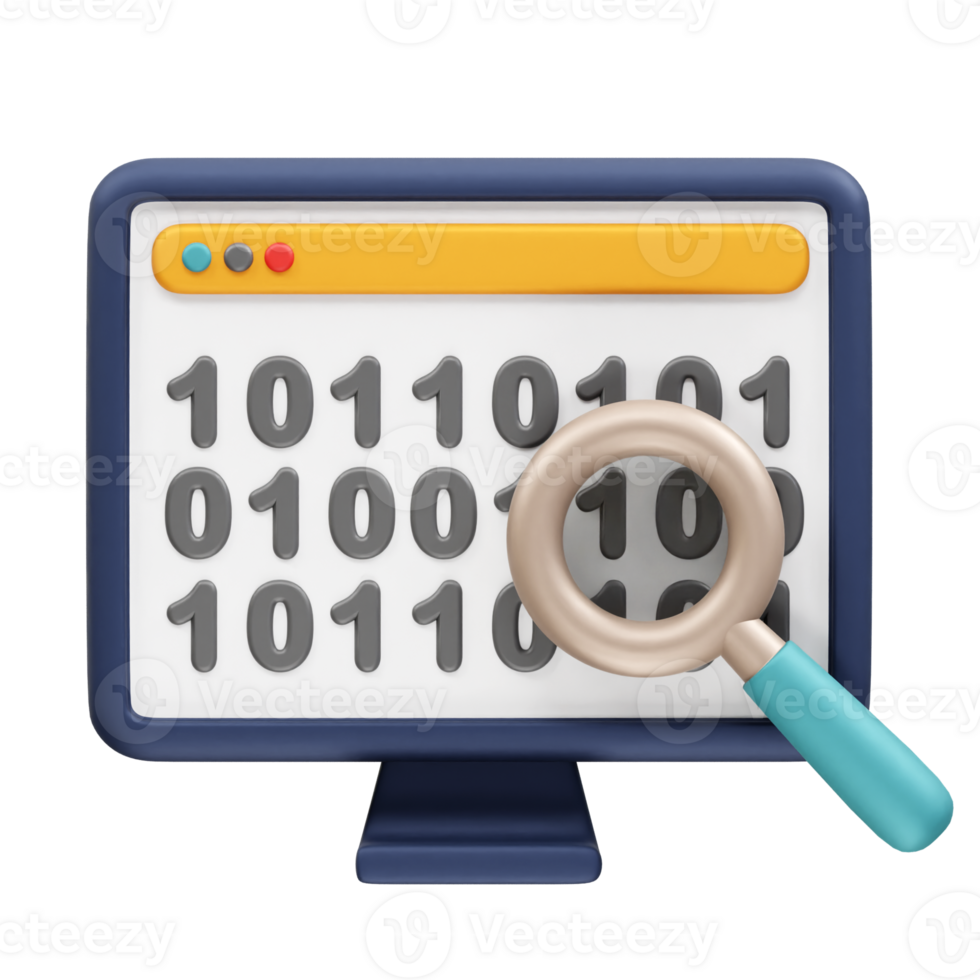 Data Search Analysis - Binary Code on Computer Monitor icon 3d render illustration png
