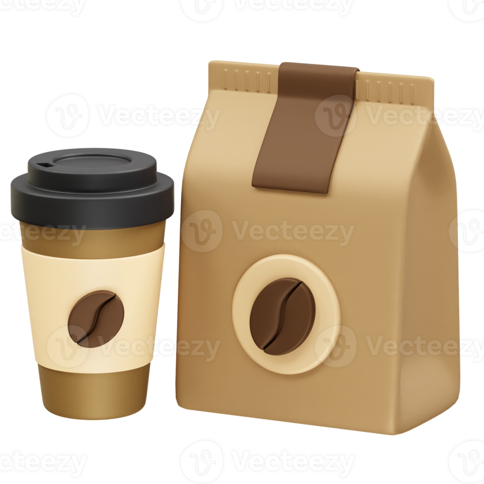 Coffee cup and bag of coffee bean icon 3d illustration. Coffee cup icon 3d render png