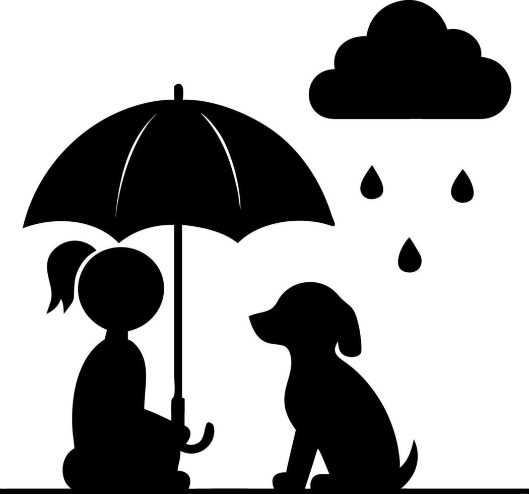 Little Girl Sitting With Dog Under Umbrella in Rain Black Silhouette on White vector