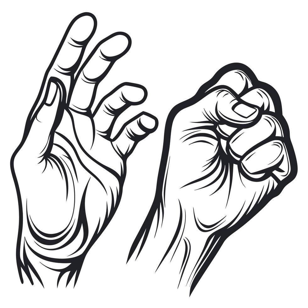Two Hands Open Palm with Fingers Curved and a Closed Fist on White Background vector