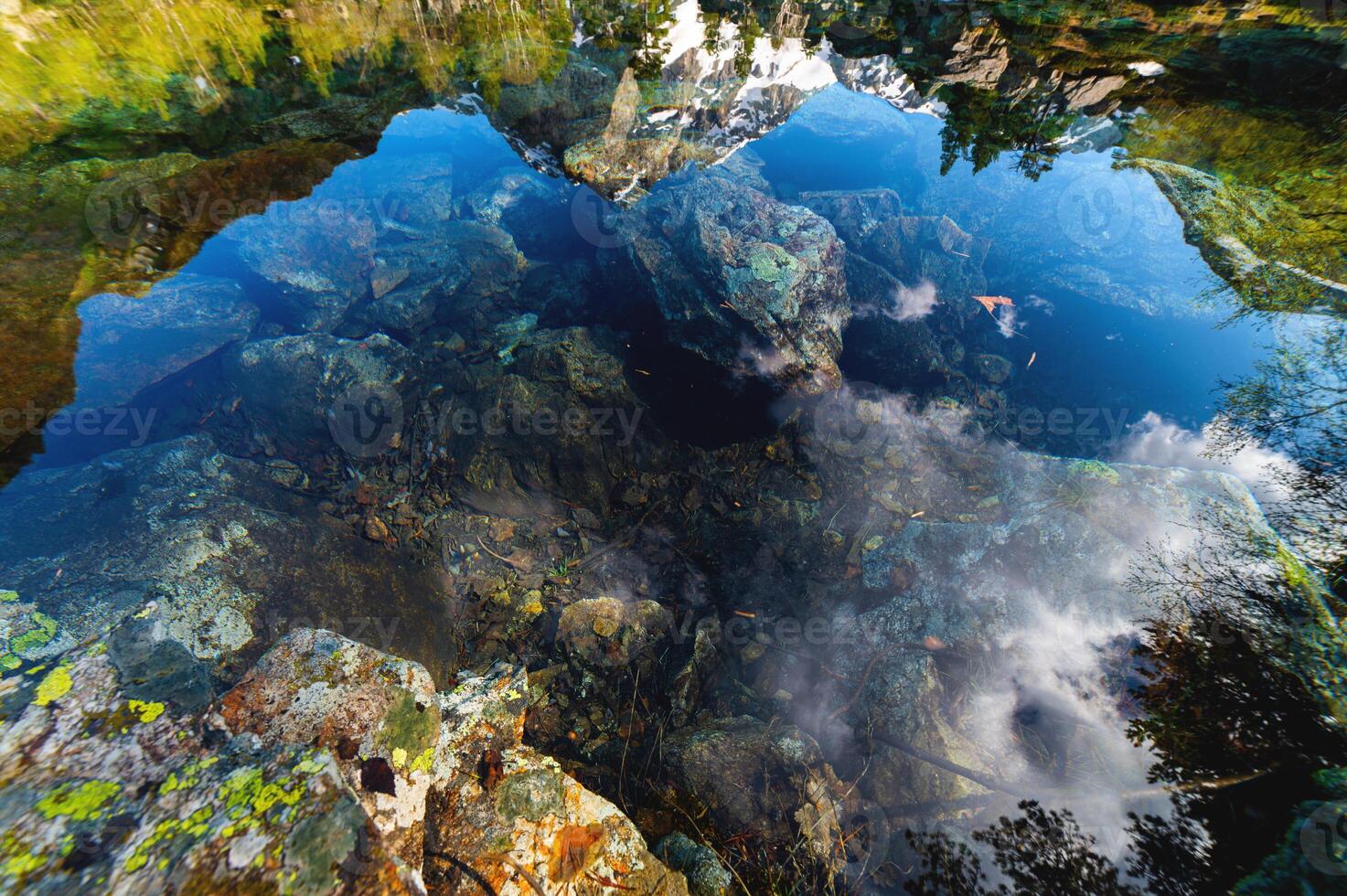 close up of snow capped mountain reflected in calm waters of mountain river. clear transparent mountain lake. natural mountain pool photo