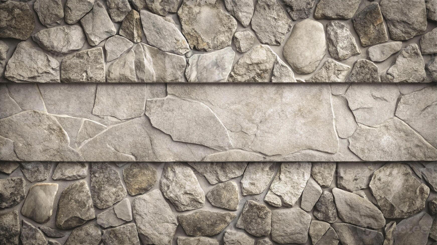 A stone wall with a blank sign on it photo