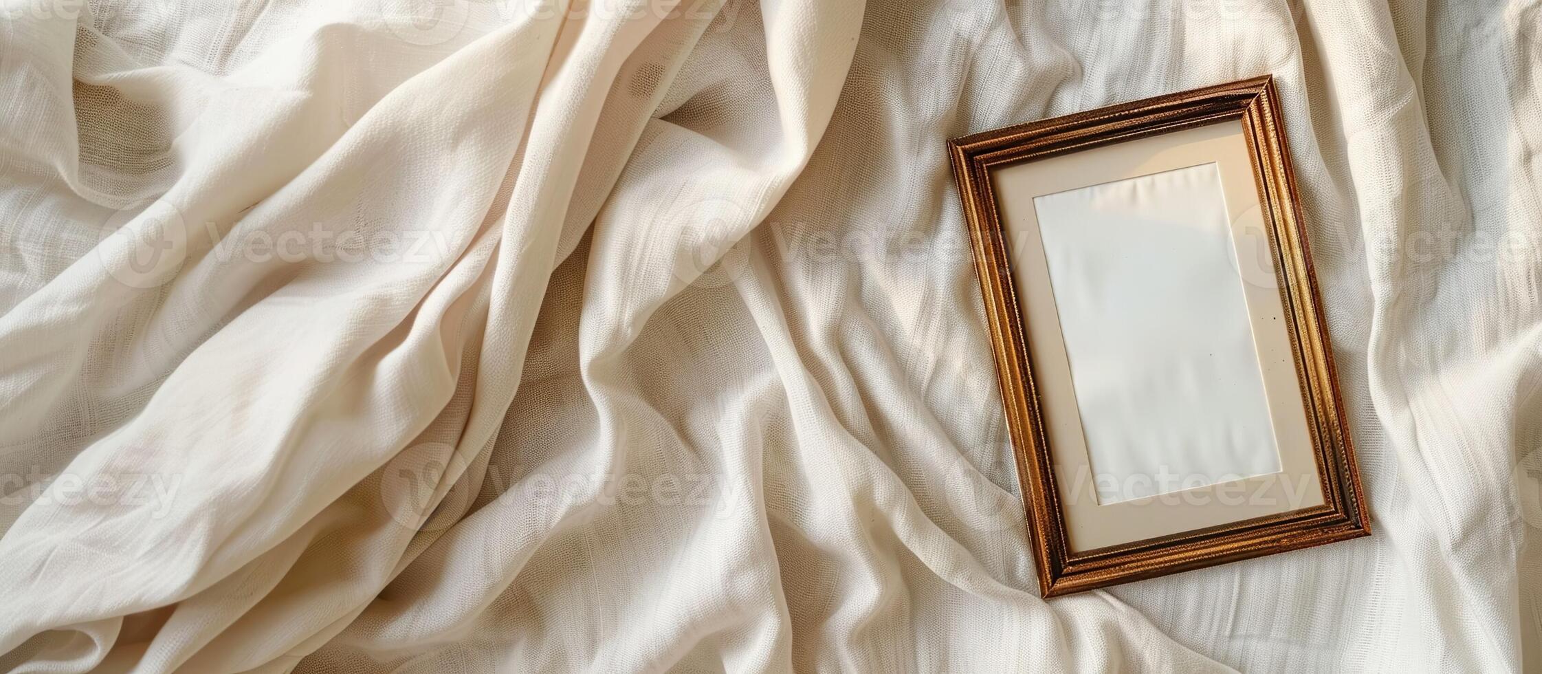 Retro Frame on Soft Linen evokes Quiet Luxury, Vintage Aesthetic, and Timeless Elegance with Warm Light and Neutral Texture. photo