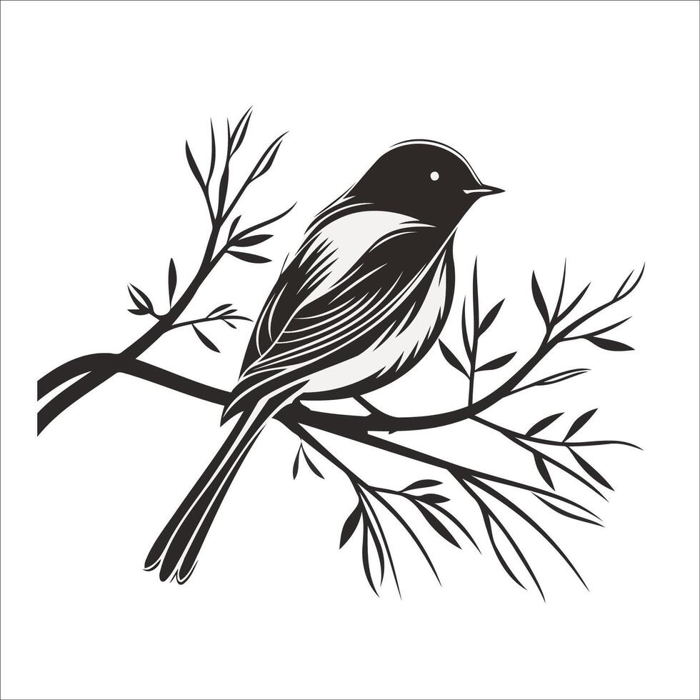 Small Songbird Perched On Leafy Branch vector