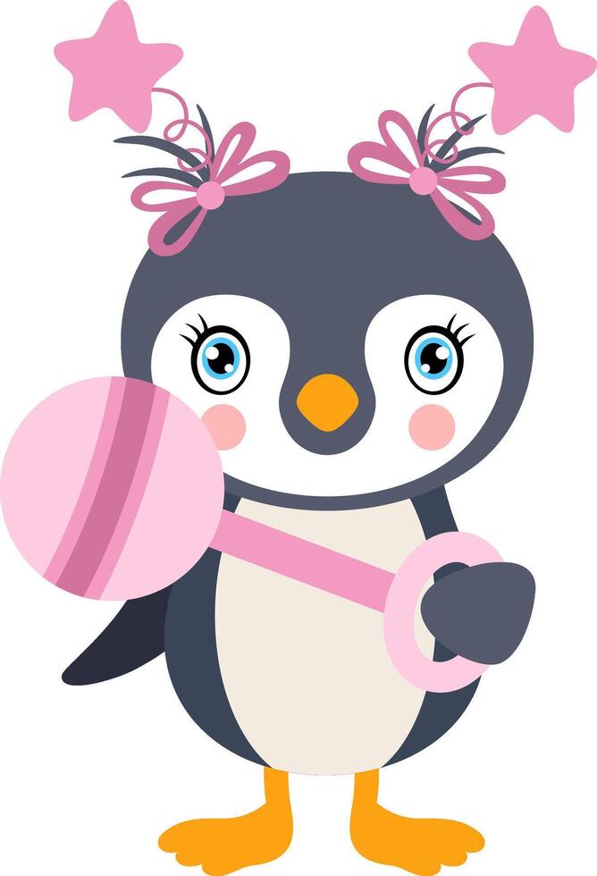 Cute baby girl penguin holding a baby rattle toy vector