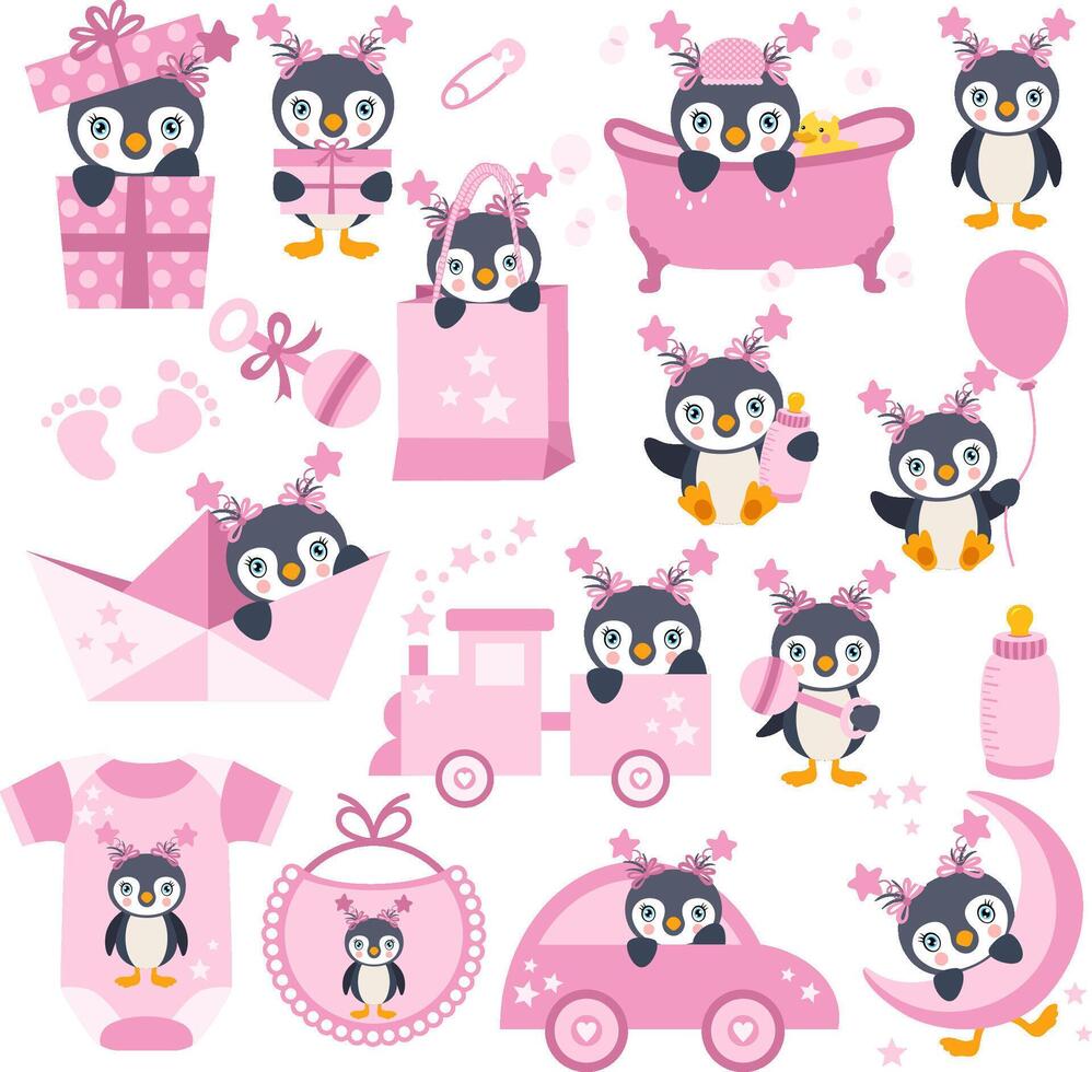 Set of digital elements with cute baby girl penguin vector