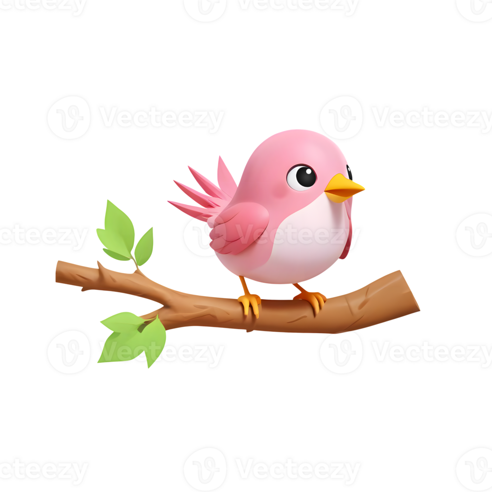 3d rendering cute bird perched on a branch with green leaves png