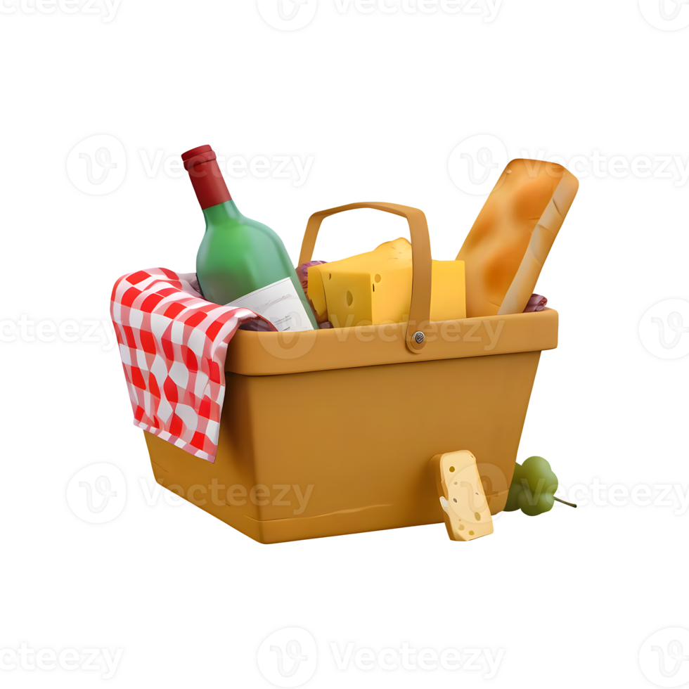 3d rendering picnic basket with wine, cheese, grapes and bread png