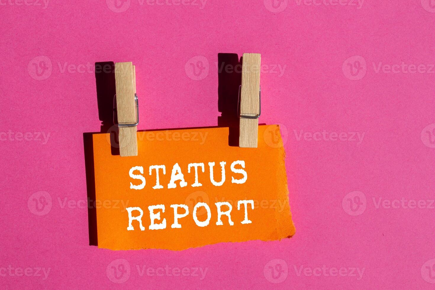 Status report message written on ripped torn orange paper on pink background. Conceptual status report symbol. Copy space. photo