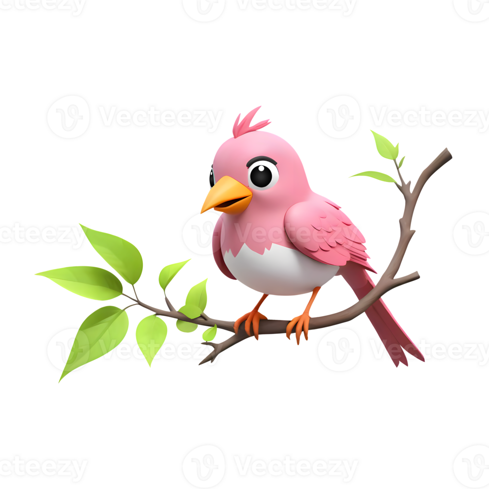 3d rendering pink bird perched on a branch with green leaves cartoon character png