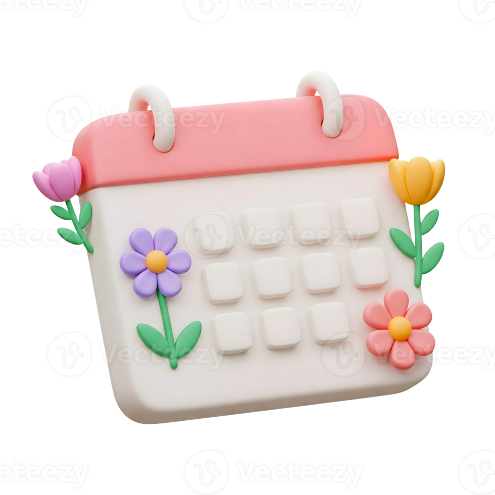 3d rendering spring white and pink calendar with colorful flowers png