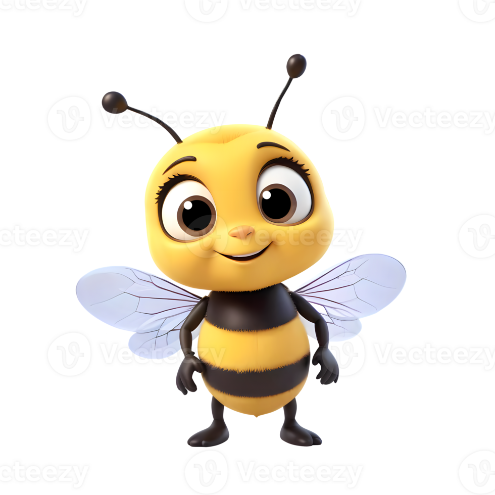 Cute cartoon bee smiling with big eyes and wings png