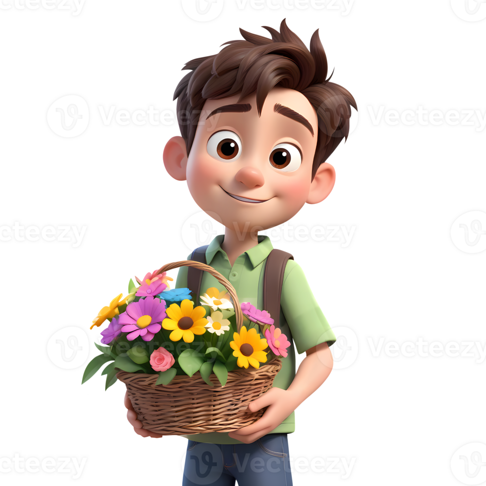 A cheerful cartoon boy holding a basket of colorful flowers png