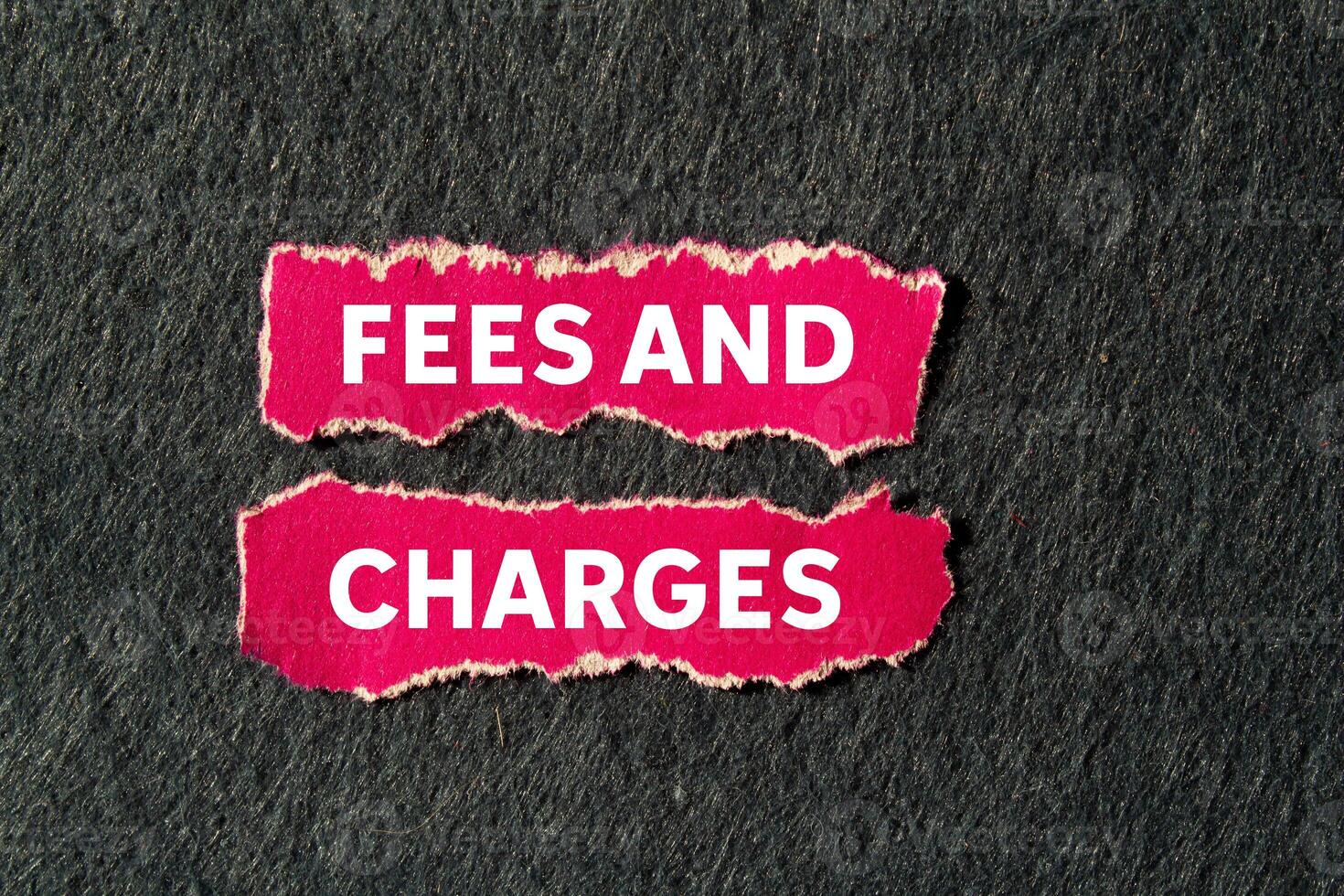 Fees and charges message written on ripped torn pink paper pieces on gray background. Conceptual fees and charges symbol. Copy space. photo