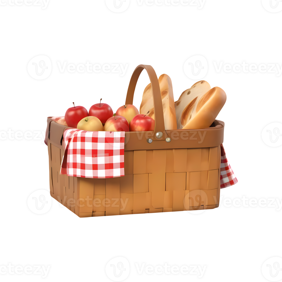3d rendering picnic basket with bread and beautiful apples png