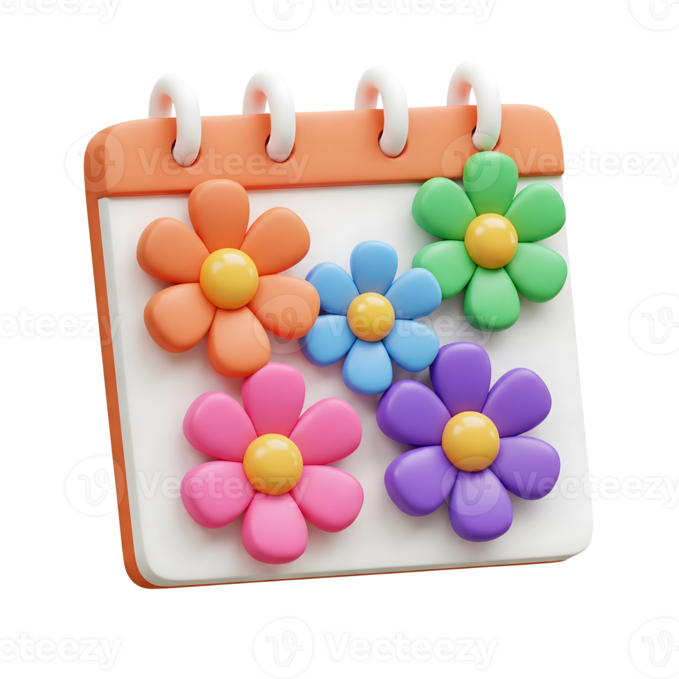 3d rendering spring calendar with colorful flowers png