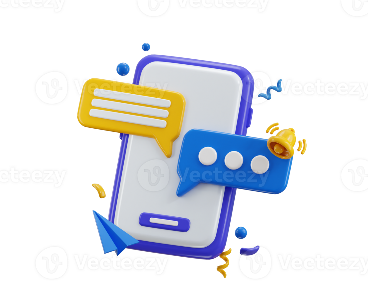Mobile phone with speech bubble icon with bell icon 3d render concept of user message notification icon illustration png