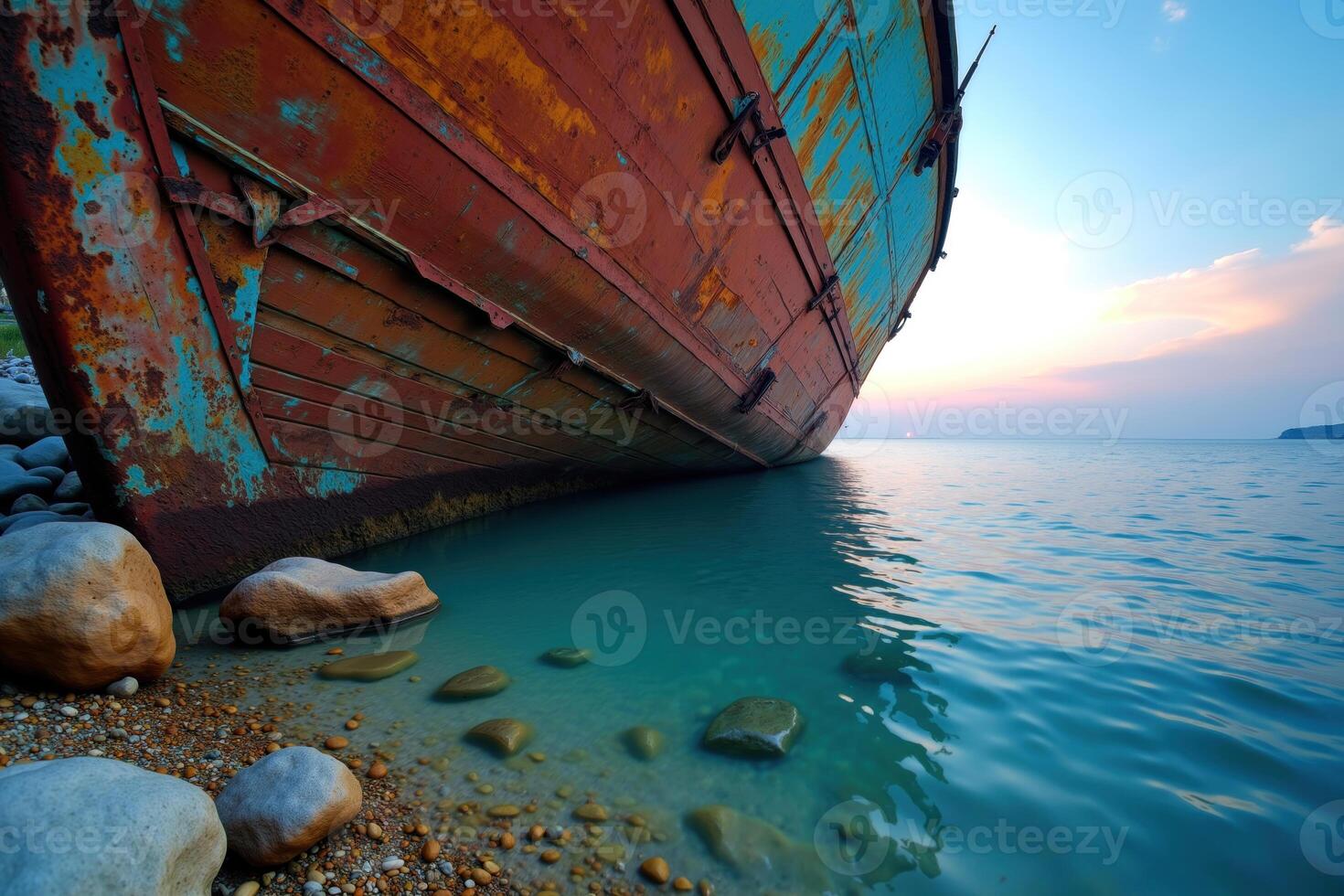 A close-up view of a rusty, weathered boat partially submerged in calm, clear water along a rocky shoreline at sunset. photo