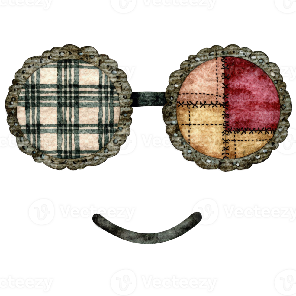 Smiling face with patchwork sunglasses. The sunglasses have round frames and a playful patchwork design. The smile is simple yet expressive. png