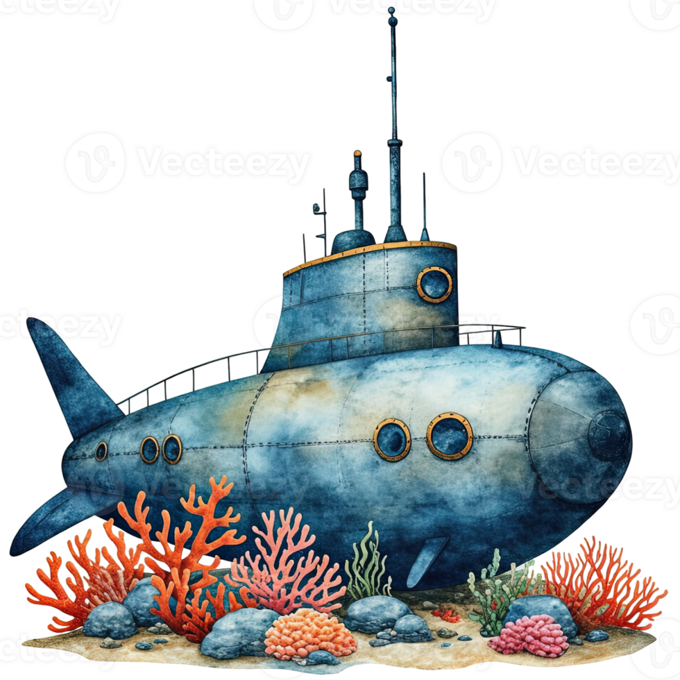 an underwater submarine illustration resting amongst coral reefs on ocean floor png