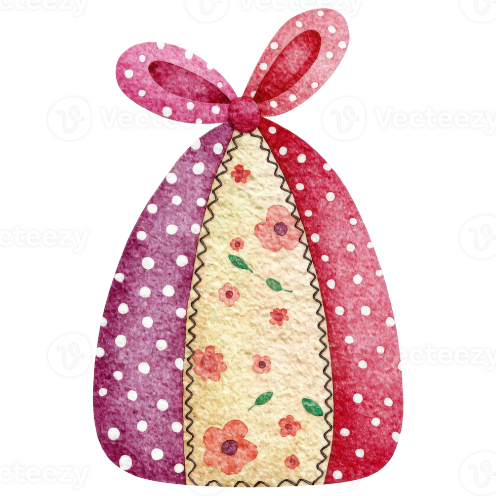 An artistic illustration of a delightful gift bag adorned with flowers and tied with a bow. The bag has a unique appearance and is decorated with polka dots png
