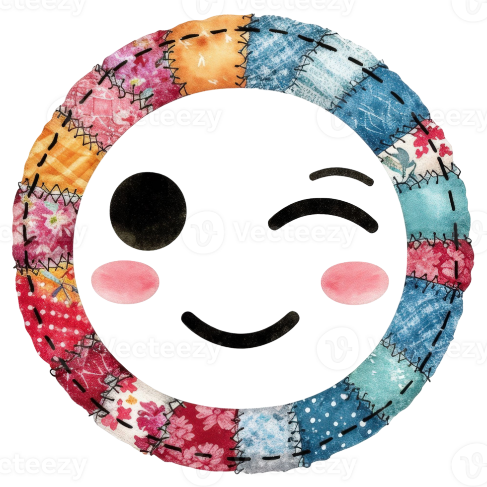 A cute, smiling emoji-like design, with a circular patch-work texture, winking png