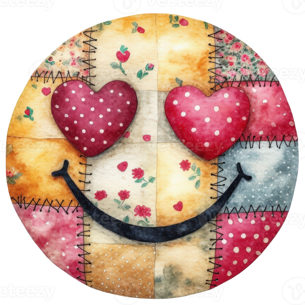 a close-up of a smiling heart emoji with red hearts as eyes, created in a patchwork style png