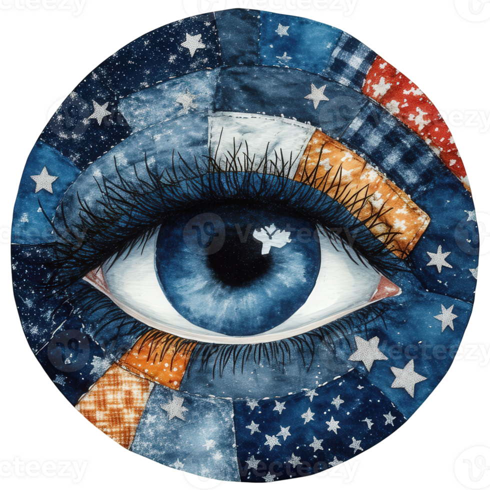 a close-up view of an eye with a patchwork design featuring stars and stripes, creating a mesmerizing and abstract art piece png