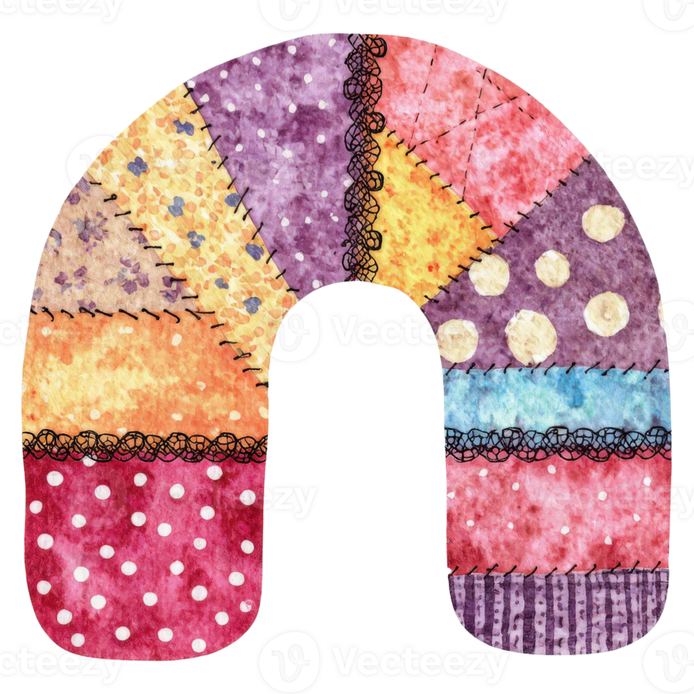 a colorful patchwork neck pillow in a crescent shape, depicting various textures and patterns png