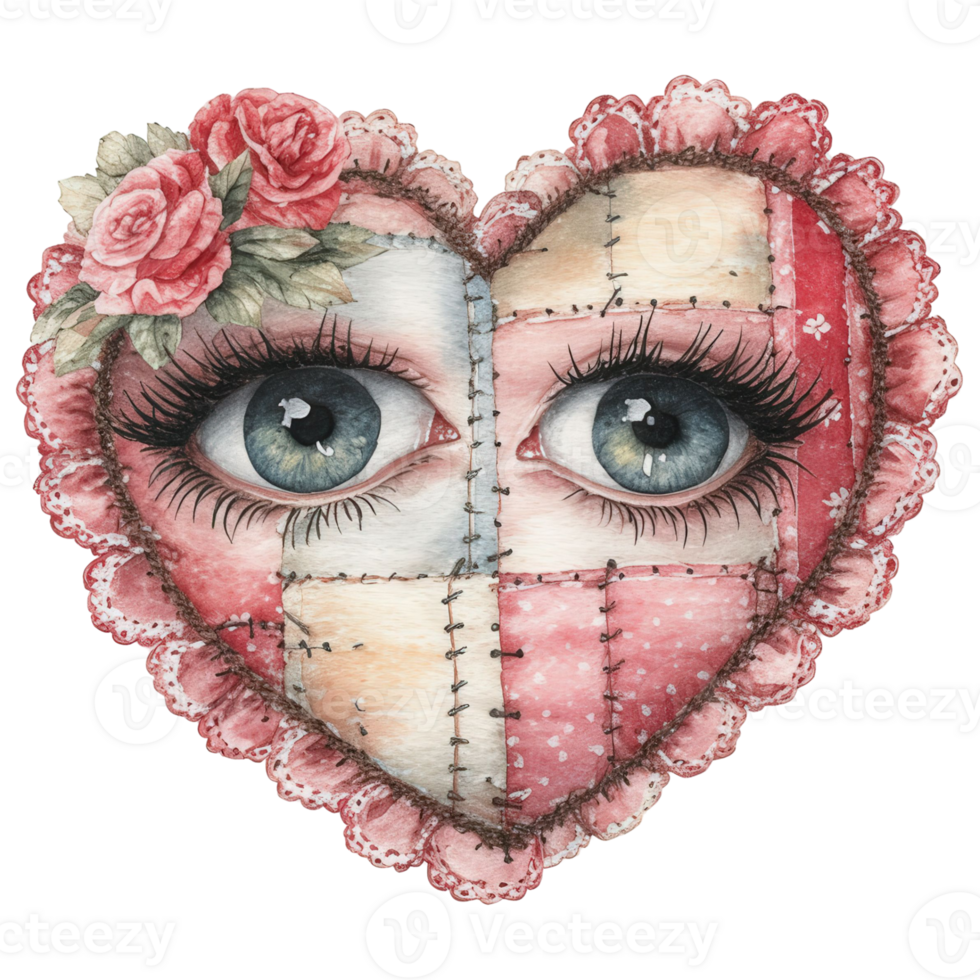 A whimsical illustration of a heart-shaped creation with eyes, roses, and a patchwork design, exuding charm and warmth. png