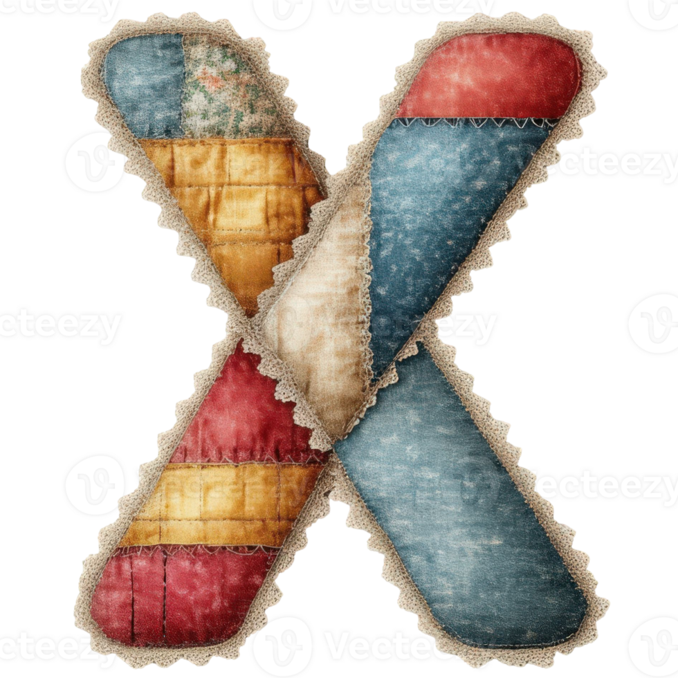 a colorful patchwork X letter with a vintage feel, showcasing the art of quilting. It features various fabrics with different textures and patterns, trimmed with lace png