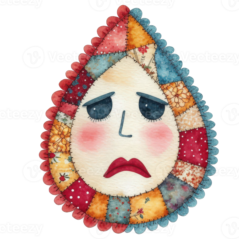 An artistic illustration of a teardrop with a sad facial expression and patchwork design. The teardrop has a sad, almost melancholic expression, which is crafted from stitched fabric. png