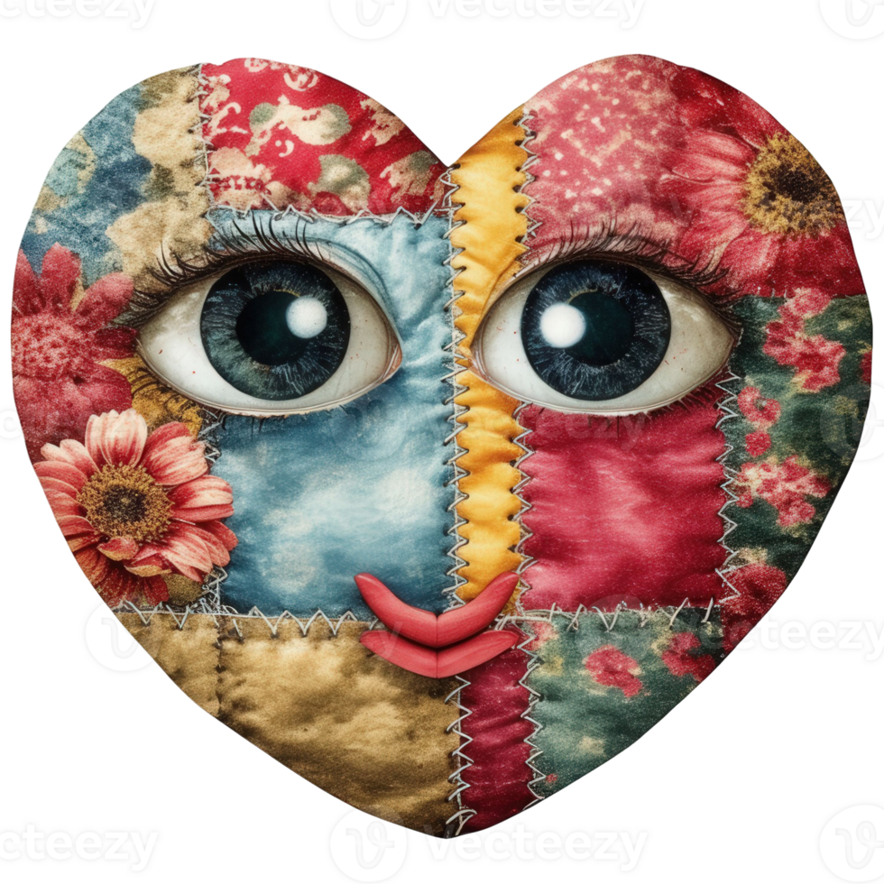 a whimsical patched heart-shaped artwork with a smiling face. The piece is made of colorful fabrics, giving it a handmade, artistic feel, features expressive eyes and red lips. png