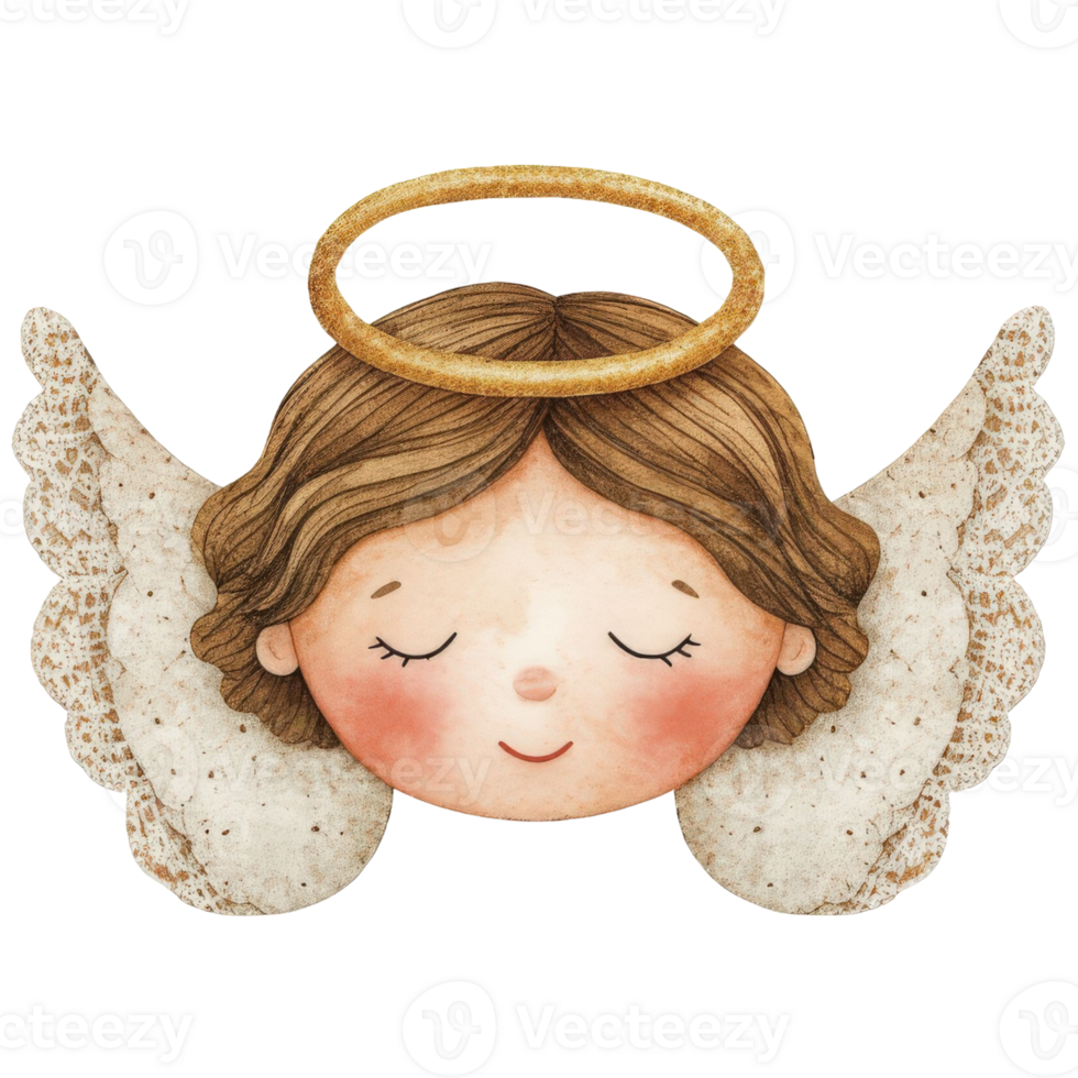 a serene angel with closed eyes, a golden halo, and delicate wings png