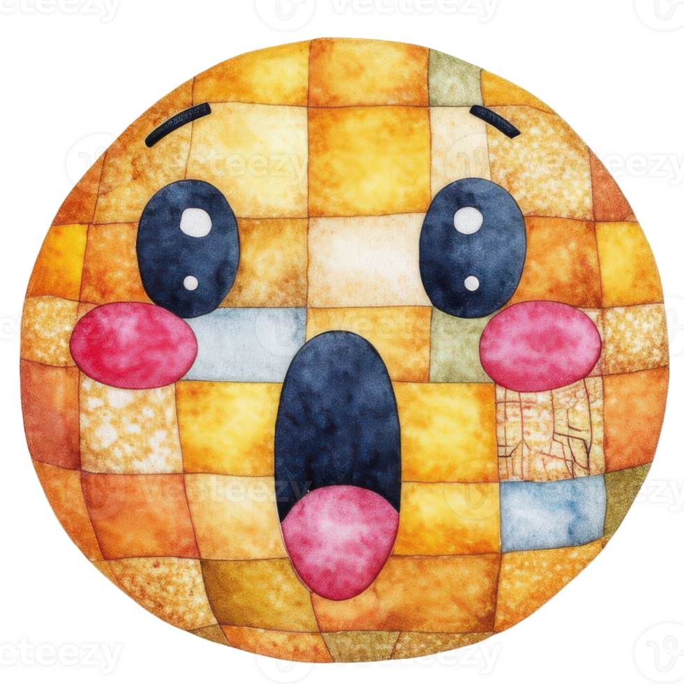 surprised emoticon with patchwork design. The emoticon has big eyes and an open mouth, conveying a feeling of shock or amazement. The patchwork design adds a unique and playful touch. png
